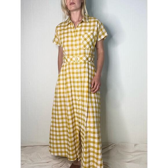 WHISTLES Illana Checkered Mustard & Cream Maxi Shirt Dress US 8 - Picture 2 of 11